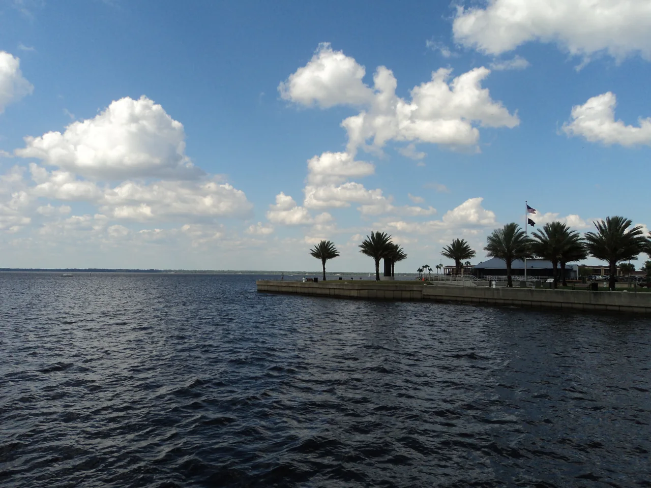 Lake Monroe waterfront with palms in Sanford, Florida